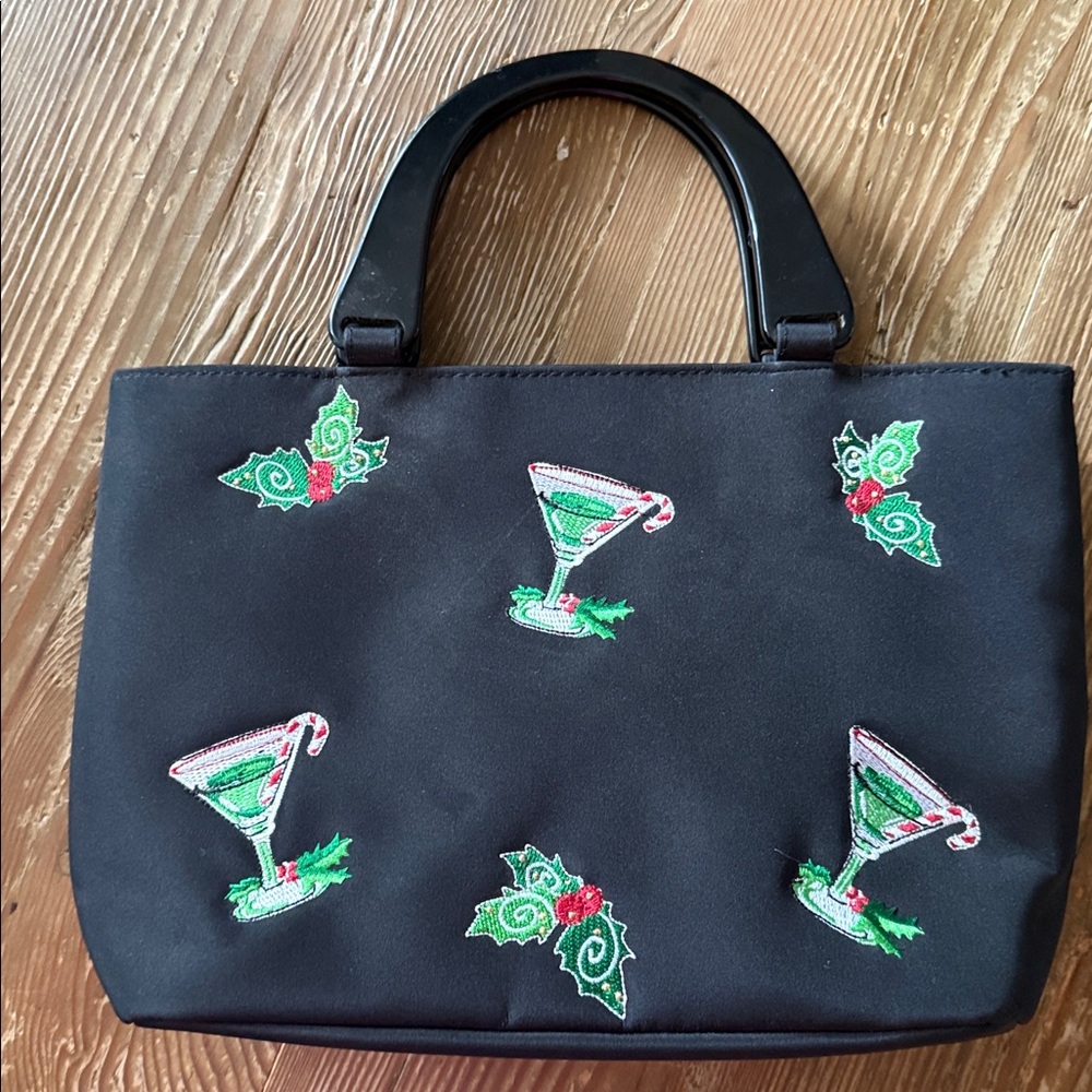 Kim Rogers holiday‎ Black martini cocktail mini purse holly and candy canes